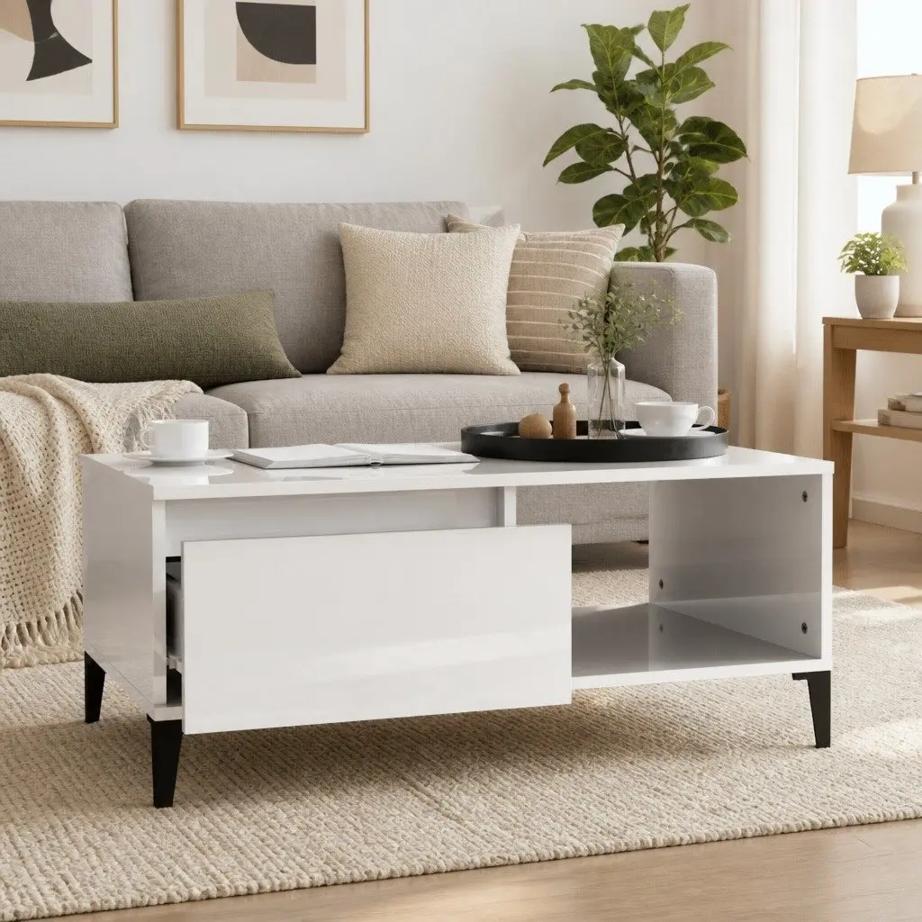 Coffee Table Engineered Wood High Gloss 90L x 50W x 36.5H cm White