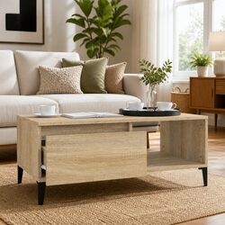 Coffee Table Brown Storage Drawer Open Compartment Engineered Wood Side Table