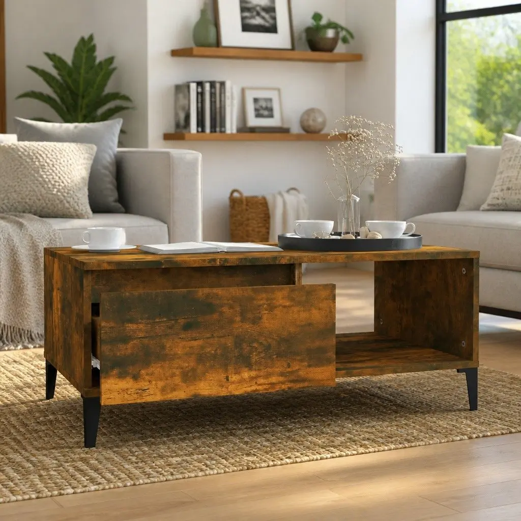 Coffee Table Engineered Wood Brown 90 x 50 x 36.5 cm with Storage Drawer Open Compartment