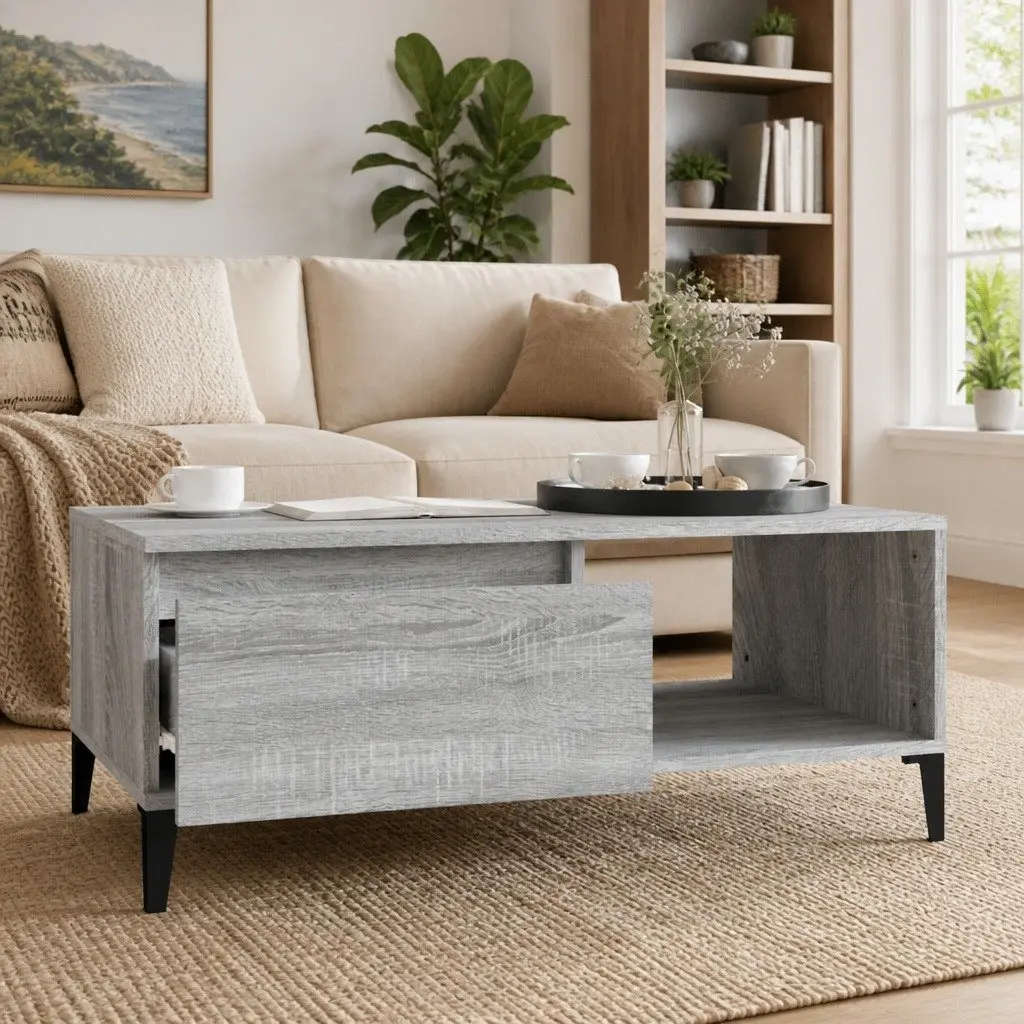 Coffee Table Engineered Wood Grey 90 x 50 x 36.5 cm with Storage Drawer and Open Compartment