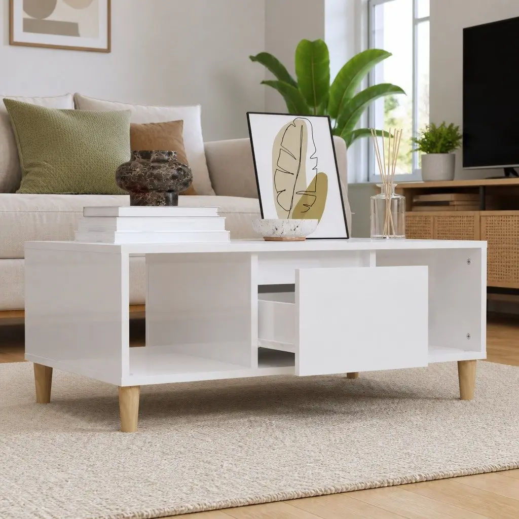 Coffee Table Engineered Wood White High Gloss 90L x 50W x 36.5H cm with Storage Drawer and Open Compartments
