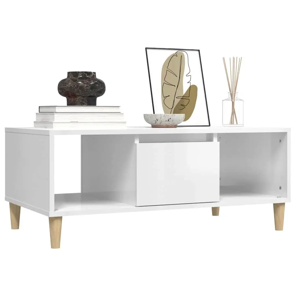 Coffee Table Engineered Wood White High Gloss 90L x 50W x 36.5H cm with Storage Drawer and Open Compartments