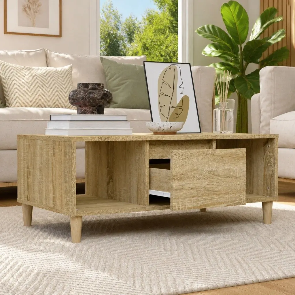 Coffee Table Engineered Wood 90x50x36.5 cm Brown Open Compartments Drawer Storage