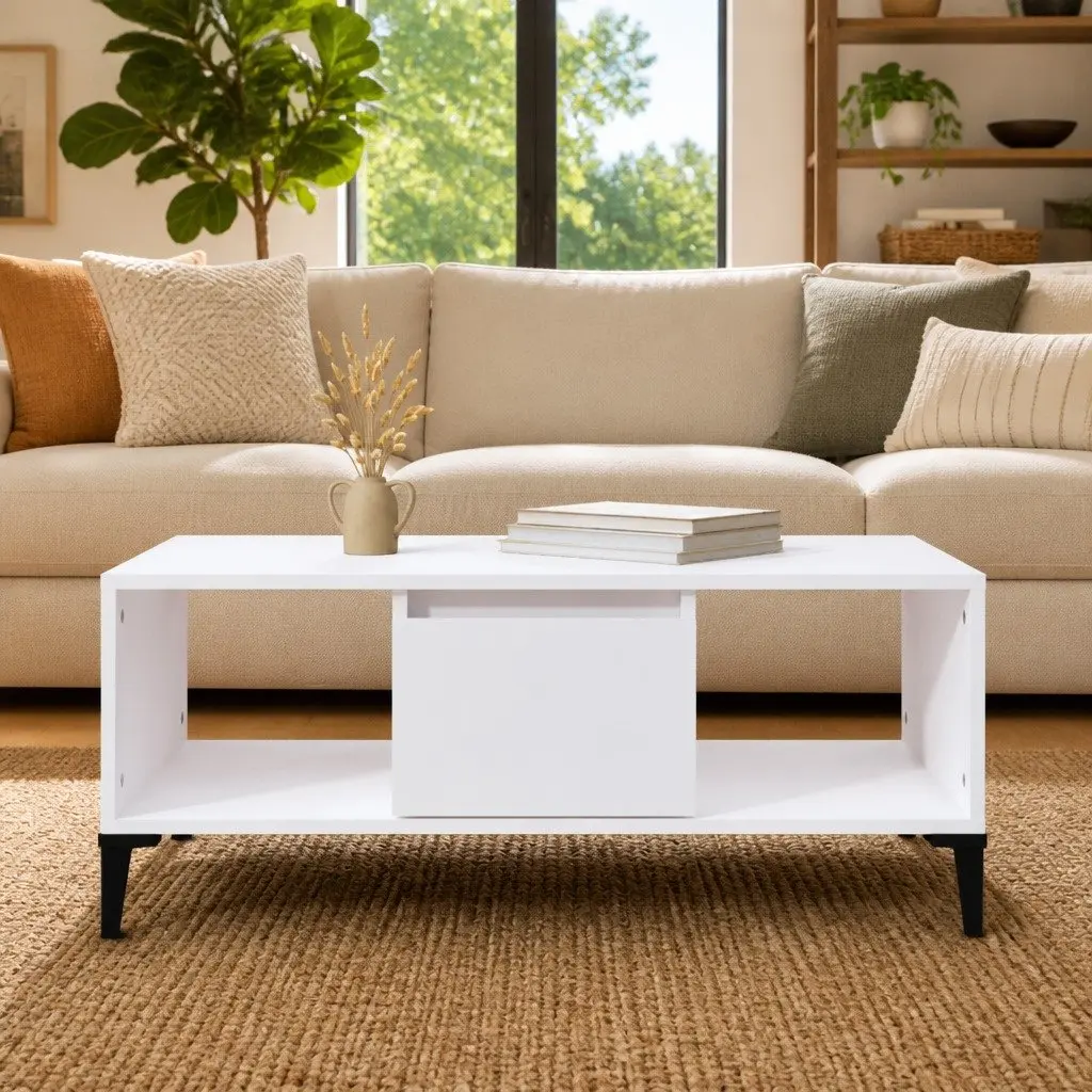 Coffee Table Engineered Wood White with Storage Drawer and Open Compartments 90L x 50W x 36.5H cm