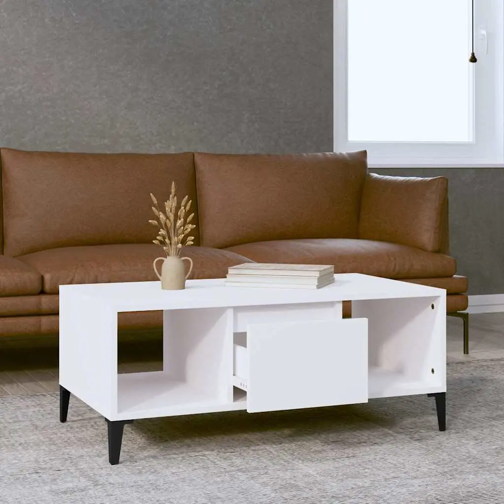 Coffee Table Engineered Wood White with Storage Drawer and Open Compartments 90L x 50W x 36.5H cm
