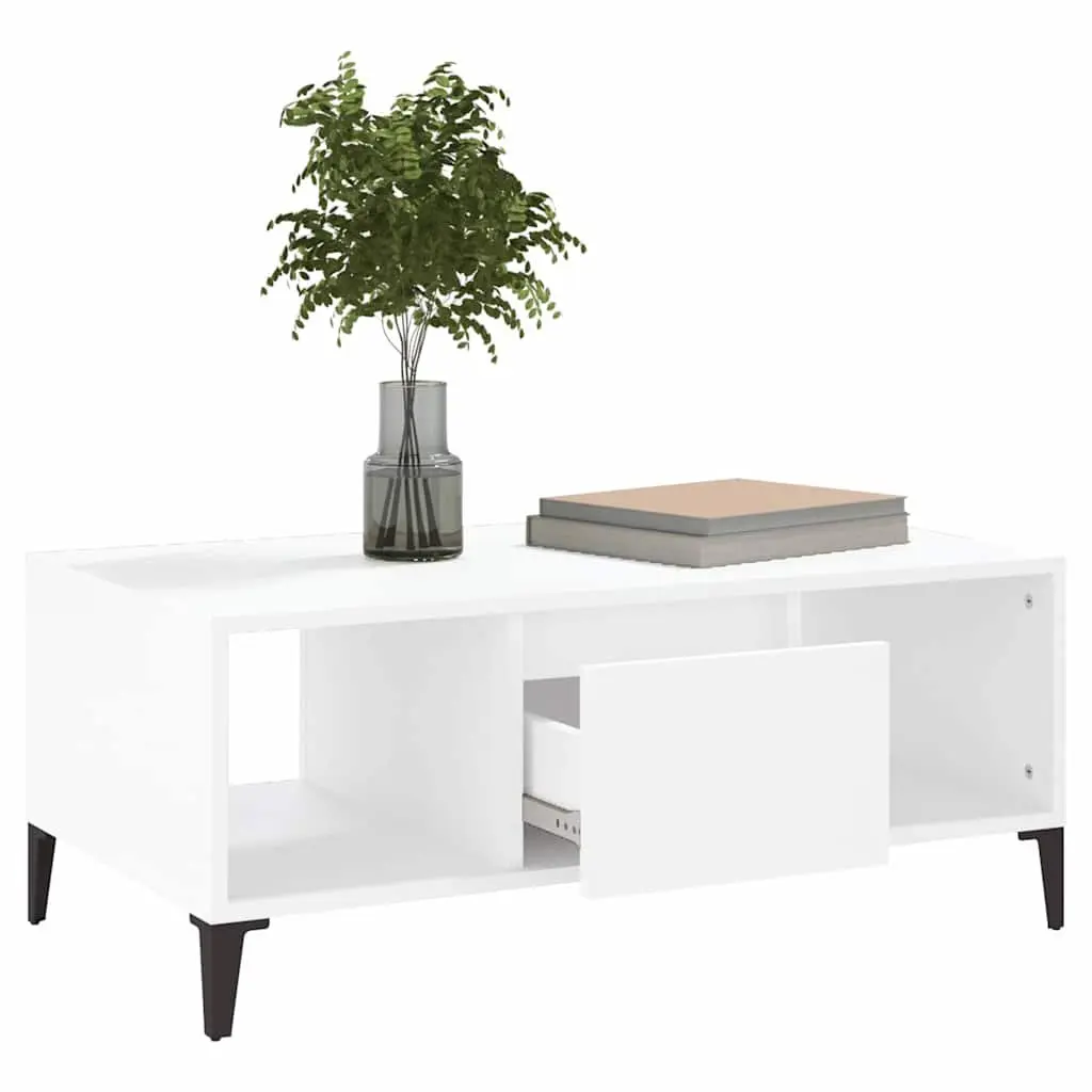 Coffee Table Engineered Wood White with Storage Drawer and Open Compartments 90L x 50W x 36.5H cm