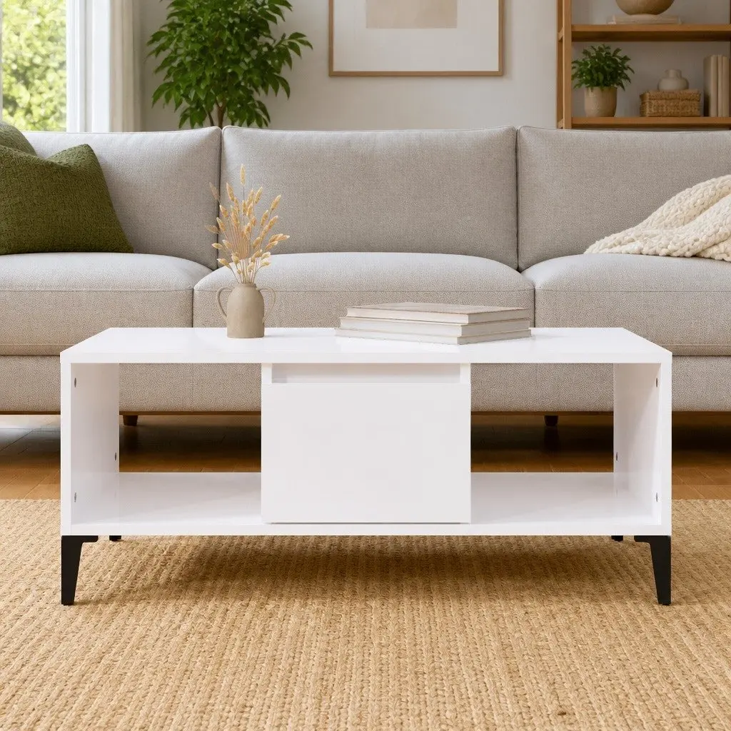 Coffee Table Engineered Wood High Gloss White with Drawer and Open Storage Compartments 90x50x36.5cm