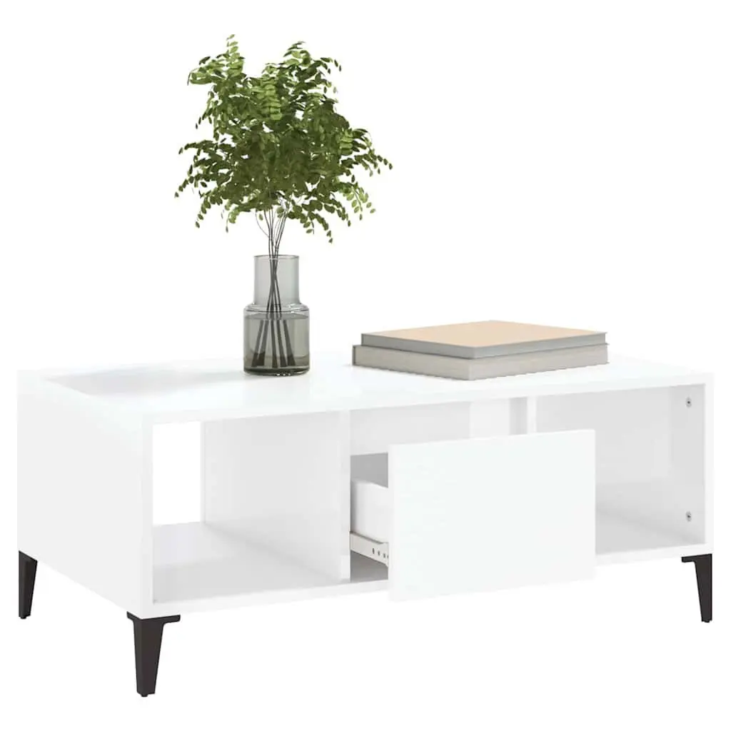 Coffee Table Engineered Wood High Gloss White with Drawer and Open Storage Compartments 90x50x36.5cm
