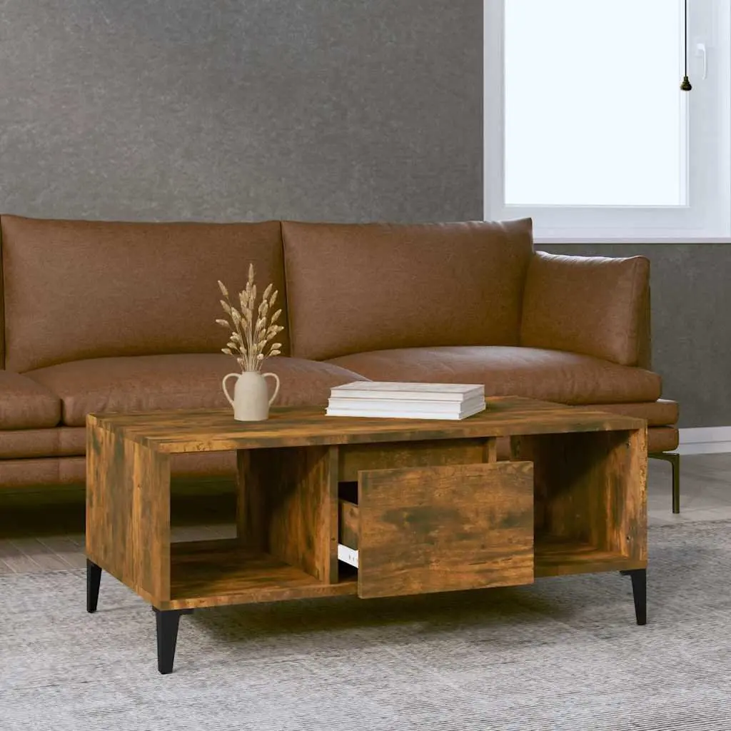 Coffee Table Brown Engineered Wood with Open Compartments and Storage Drawer 90x50x36.5cm