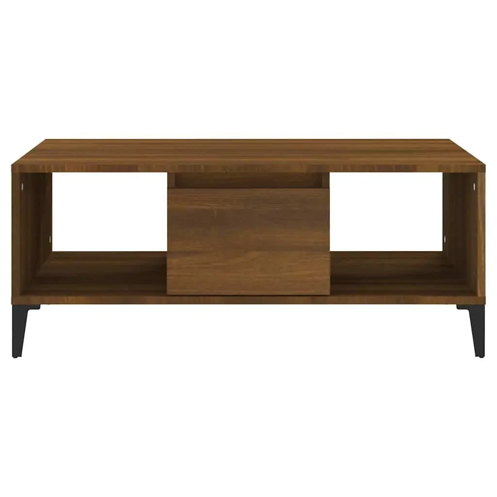 Coffee Table Brown Oak Engineered Wood 90x50x36.5 cm with Drawer and Open Compartments Industrial Style