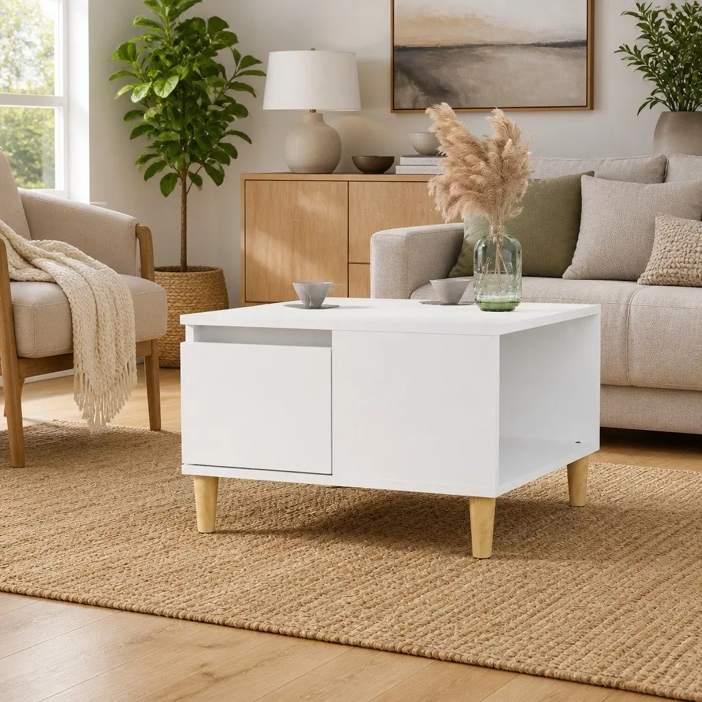 Coffee Table Engineered Wood White Modern Living Room Accent Table with Drawer Storage 55 x 55 x 36.5 cm