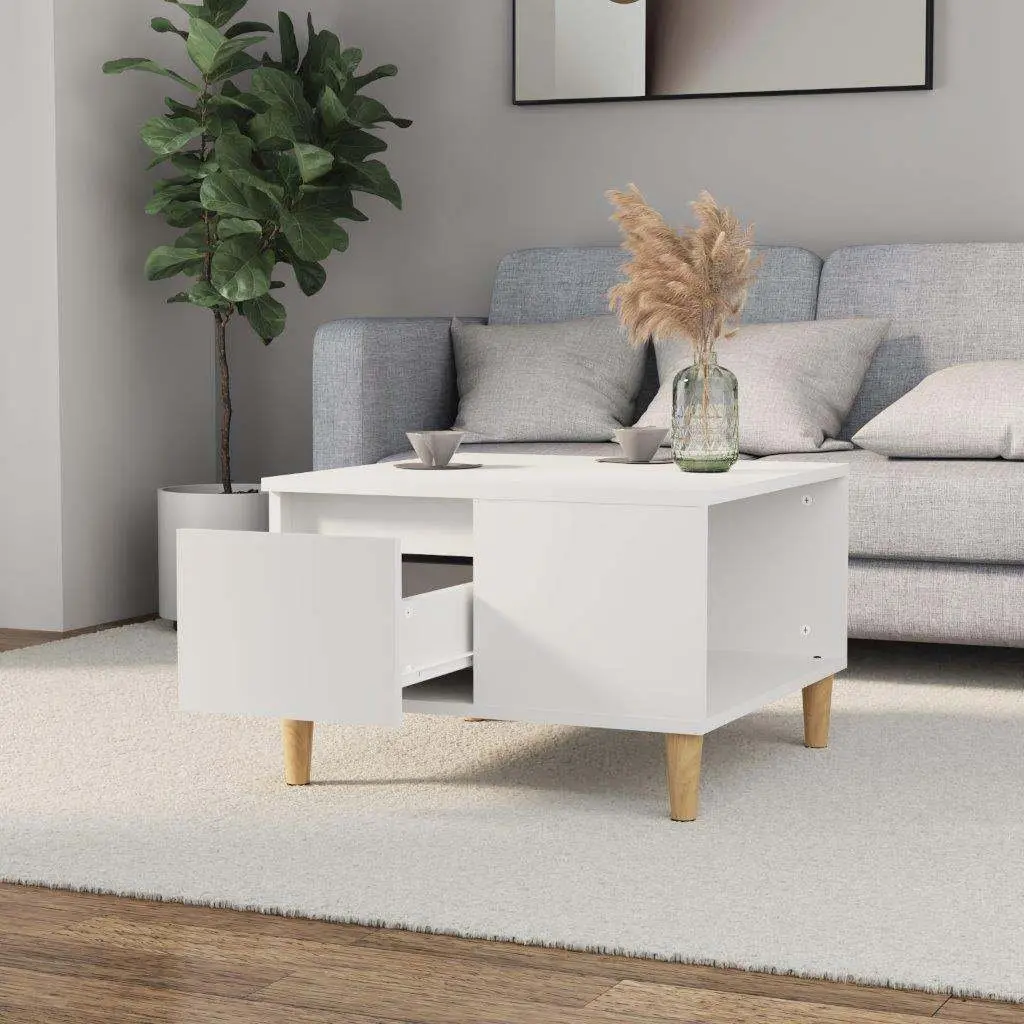 Coffee Table Engineered Wood White Modern Living Room Accent Table with Drawer Storage 55 x 55 x 36.5 cm