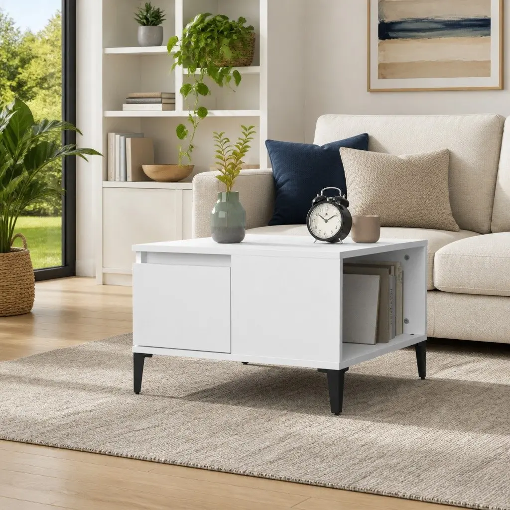 Coffee Table Engineered Wood 55x55x36.5 cm White with Storage Drawer Open Compartment