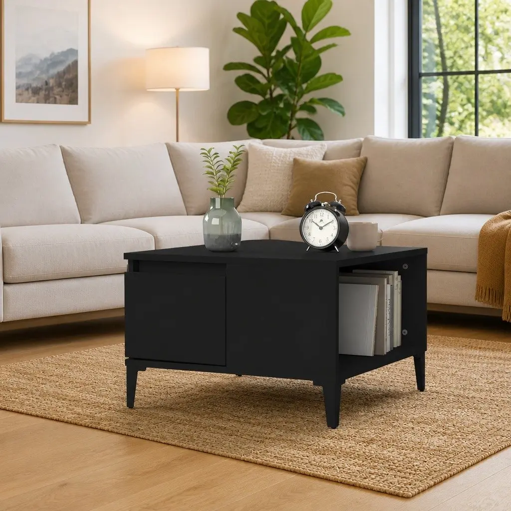 Coffee Table Engineered Wood Black 55W x 55D x 36.5H cm with Storage Drawer Compartment