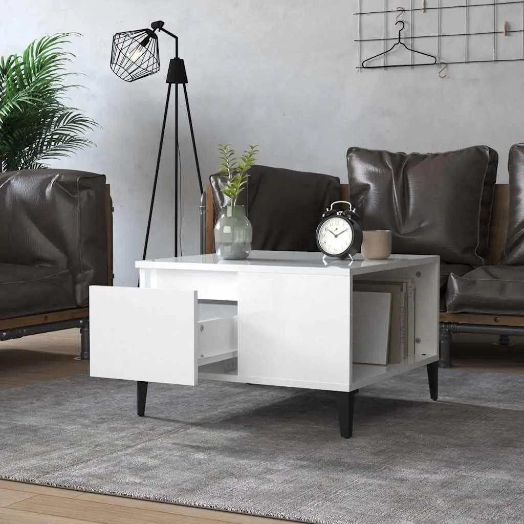 Coffee Table Engineered Wood High Gloss White 55W x 55D x 36.5H cm Modern with Storage Compartment and Drawer