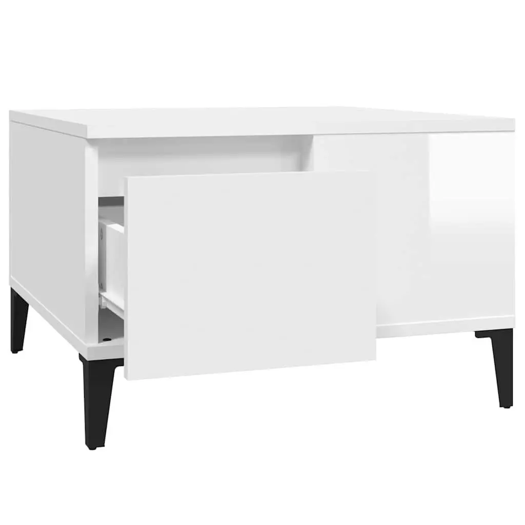 Coffee Table Engineered Wood High Gloss White 55W x 55D x 36.5H cm Modern with Storage Compartment and Drawer