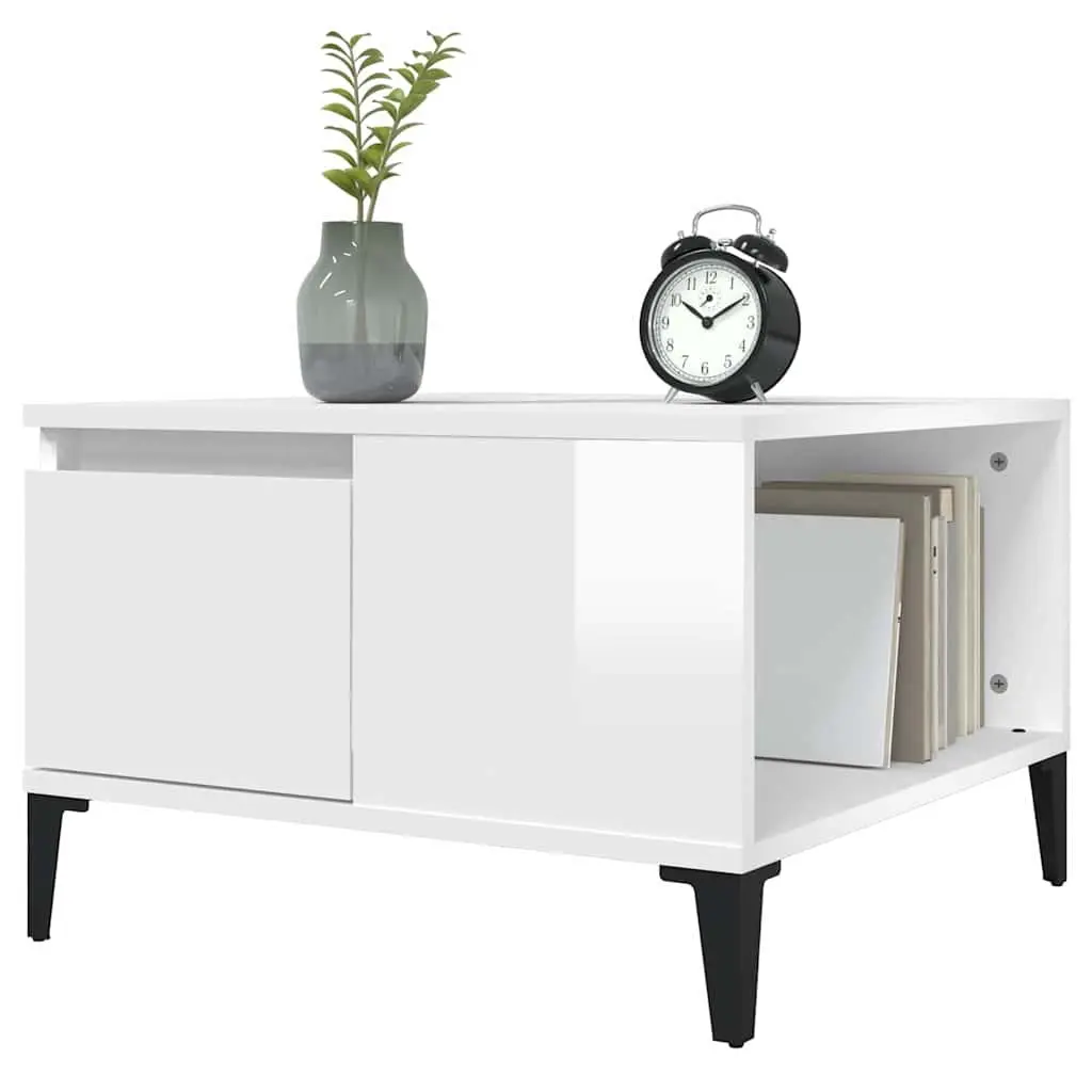 Coffee Table Engineered Wood High Gloss White 55W x 55D x 36.5H cm Modern with Storage Compartment and Drawer