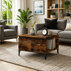Coffee Table with Storage Drawer Open Compartment Brown Engineered Wood Accent