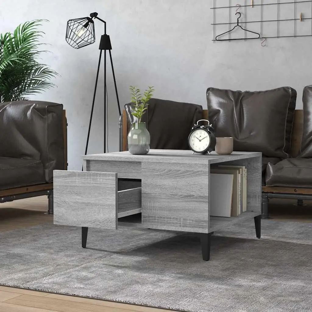 Coffee Table Engineered Wood Grey with Storage Drawer Open Compartment 55 x 55 x 36.5 cm