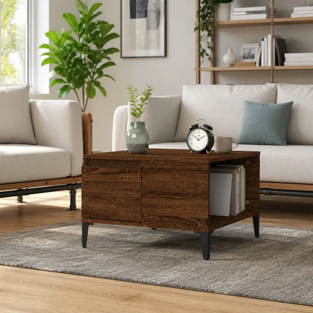 Coffee Table Engineered Wood Brown 55x55x36.5 cm with Open Compartment and Storage Drawer Metal Feet