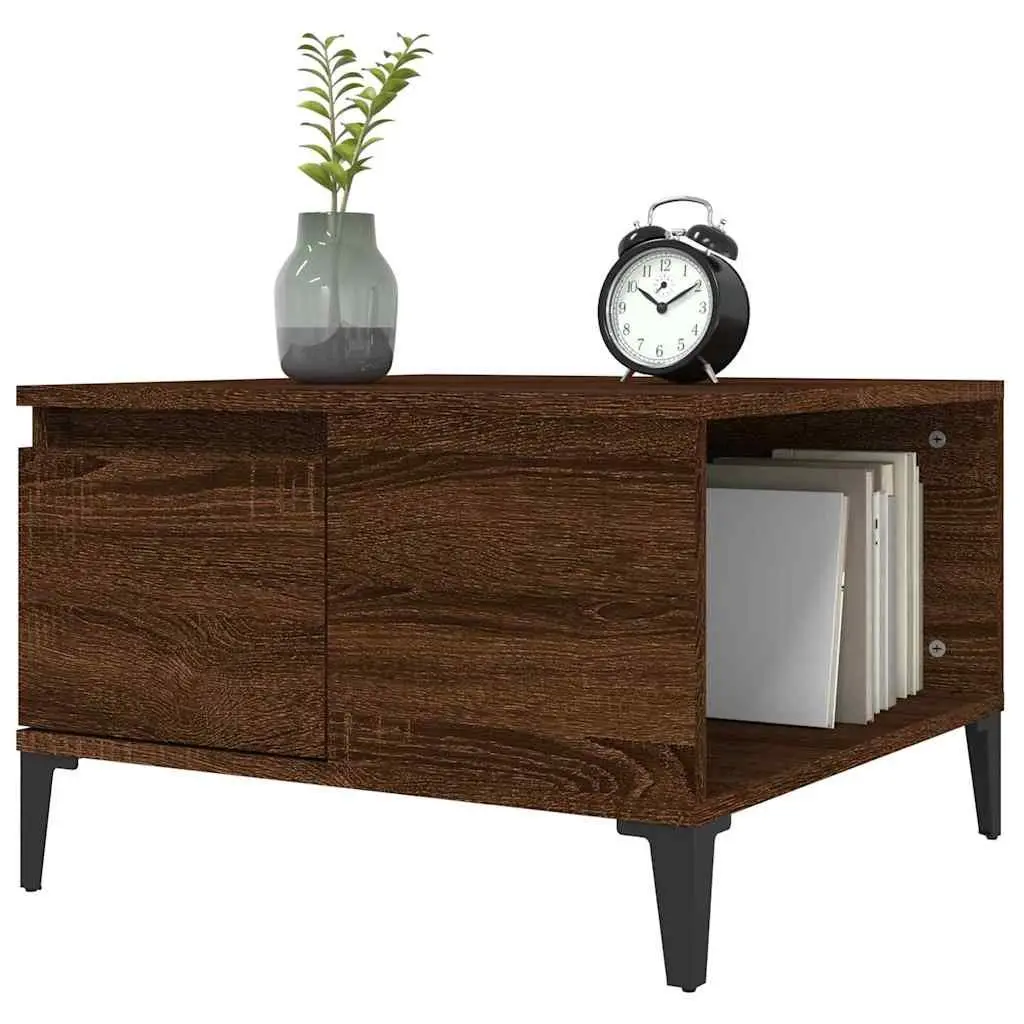 Coffee Table Engineered Wood Brown 55x55x36.5 cm with Open Compartment and Storage Drawer Metal Feet