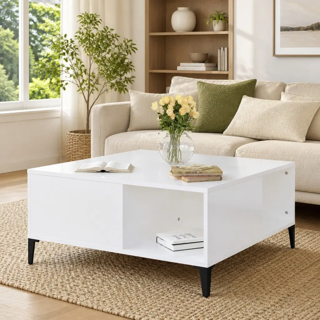 Coffee Table Engineered Wood Storage Compartments High Gloss White 80x80x36.5cm
