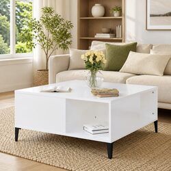 Coffee Table White High Gloss Storage Compartments Engineered Wood 80x80x36.5cm
