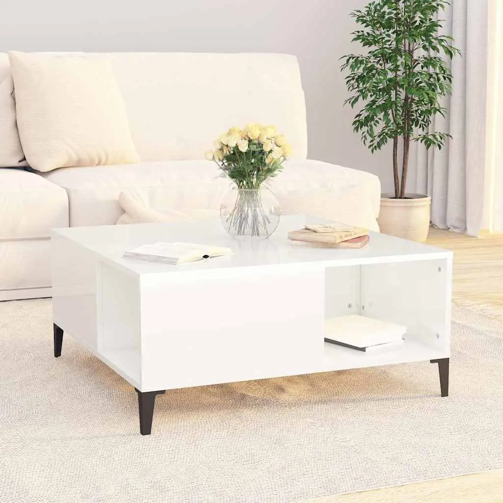 Coffee Table Engineered Wood Storage Compartments High Gloss White 80x80x36.5cm