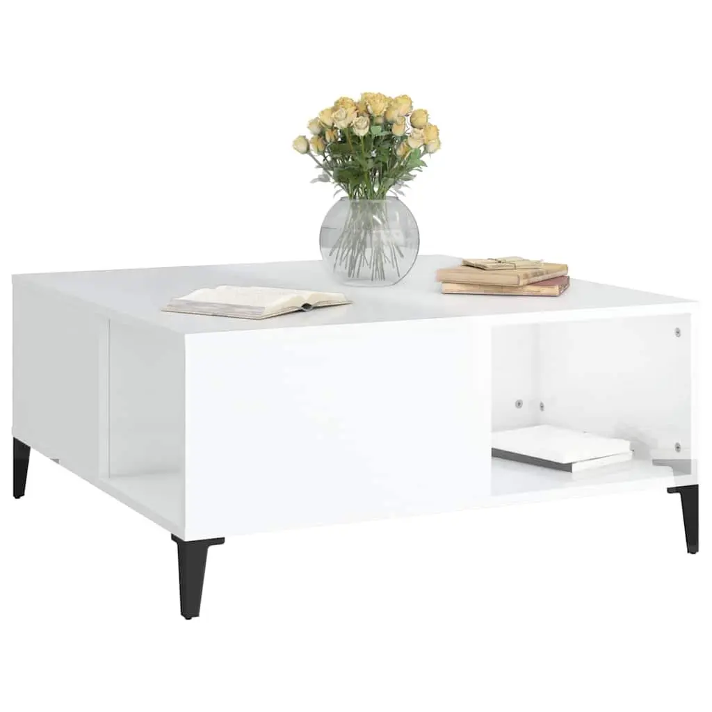 Coffee Table Engineered Wood Storage Compartments High Gloss White 80x80x36.5cm