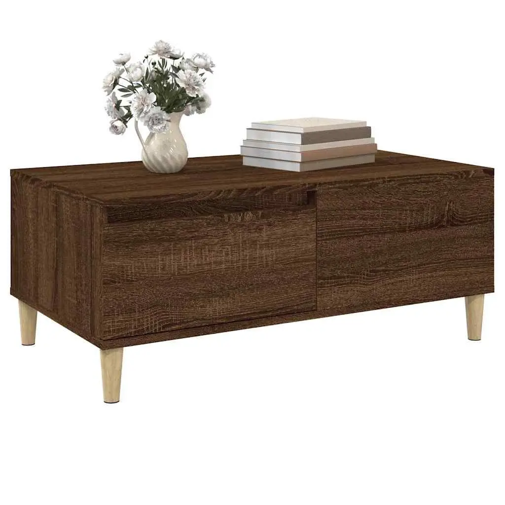 Coffee Table Engineered Wood 90x50x36.5 cm Brown Oak with Storage Drawer Eucalyptus Feet