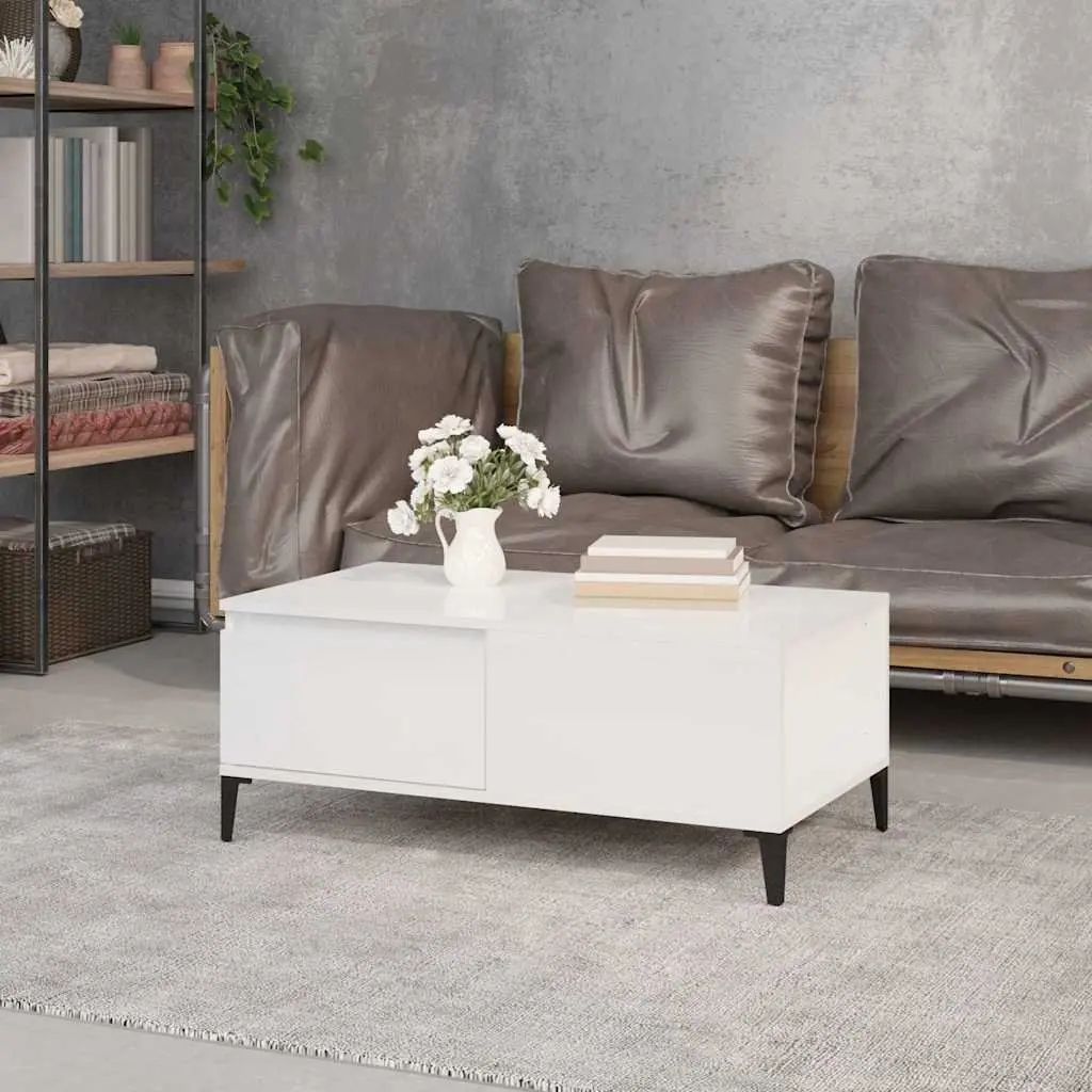 Coffee Table Engineered Wood 90x50x36.5 cm High Gloss White Storage Drawer