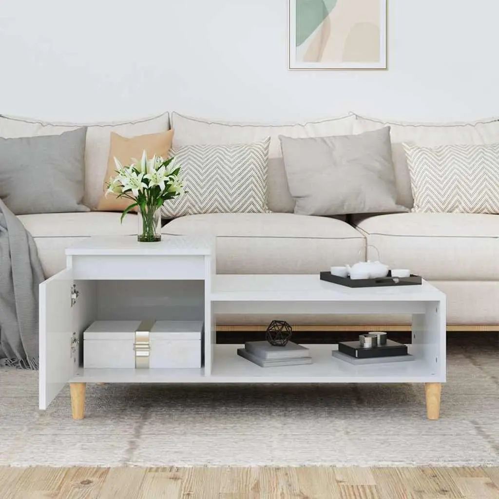 Coffee Table High Gloss White Storage Compartment Shelf Living Room Accent