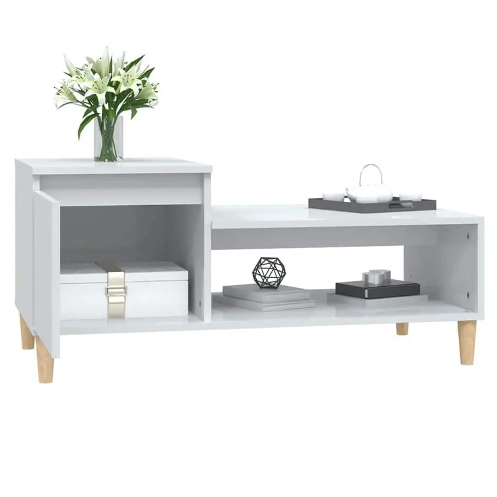 Coffee Table High Gloss White Storage Compartment Shelf Living Room Accent