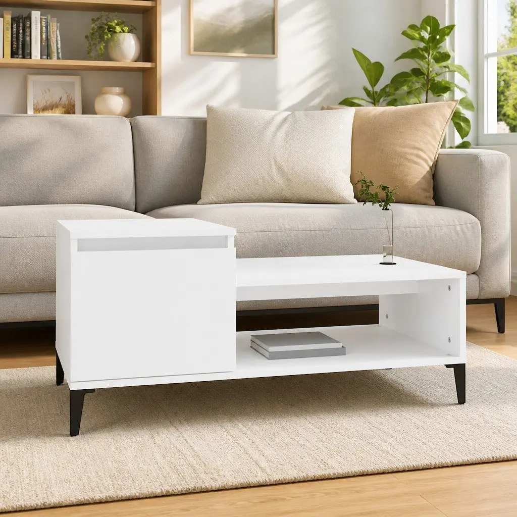 Coffee Table Engineered Wood 100L x 50W x 45H cm White Living Room Accent Furniture with Storage