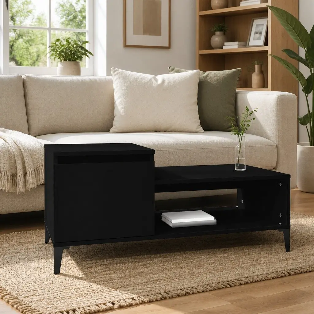 Black Engineered Wood Coffee Table with Storage Compartment and Shelf for Living Room Accent 100x50x45cm