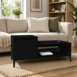 Coffee Table Black Storage Compartment Shelf Engineered Wood Living Room Accent