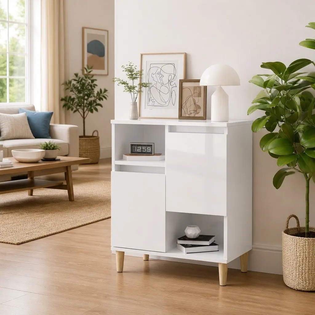 Storage Cabinet Engineered Wood 60x35x70cm White High Gloss with 2 Doors and 4 Compartments