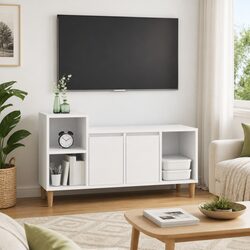 TV Cabinet White Engineered Wood Media Storage Unit with Doors Compartments