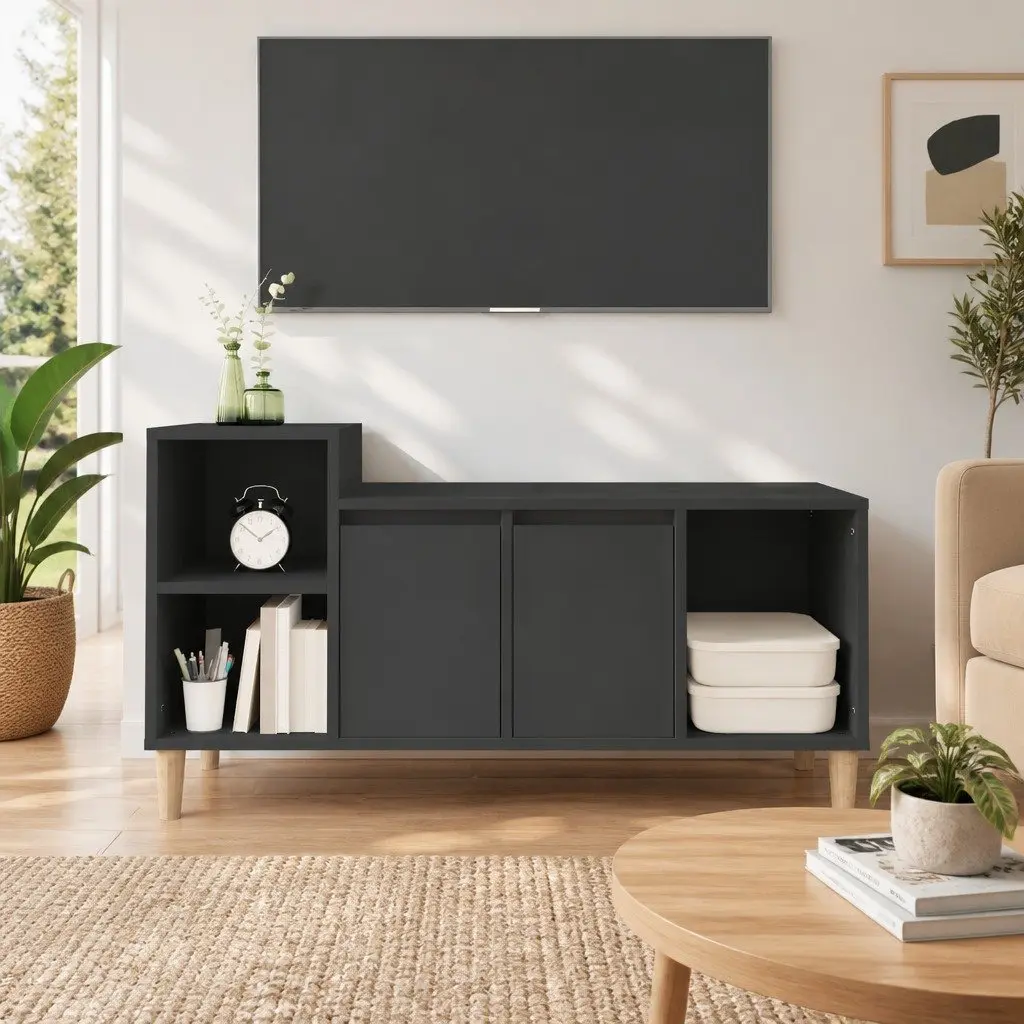 TV Cabinet Engineered Wood Black 100 x 35 x 55 cm Media Unit Storage Doors Compartments