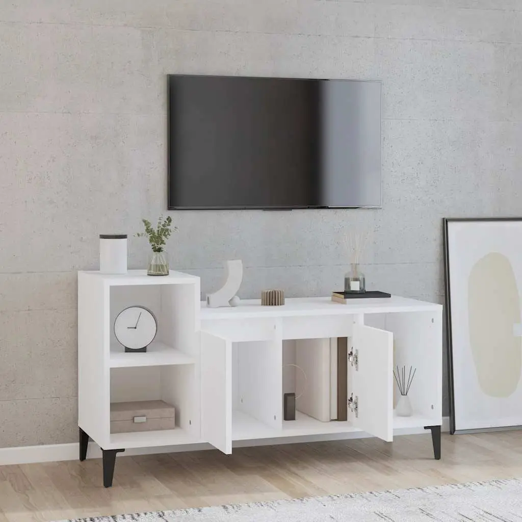 TV Cabinet Engineered Wood White Media Storage Unit with Doors and Compartments