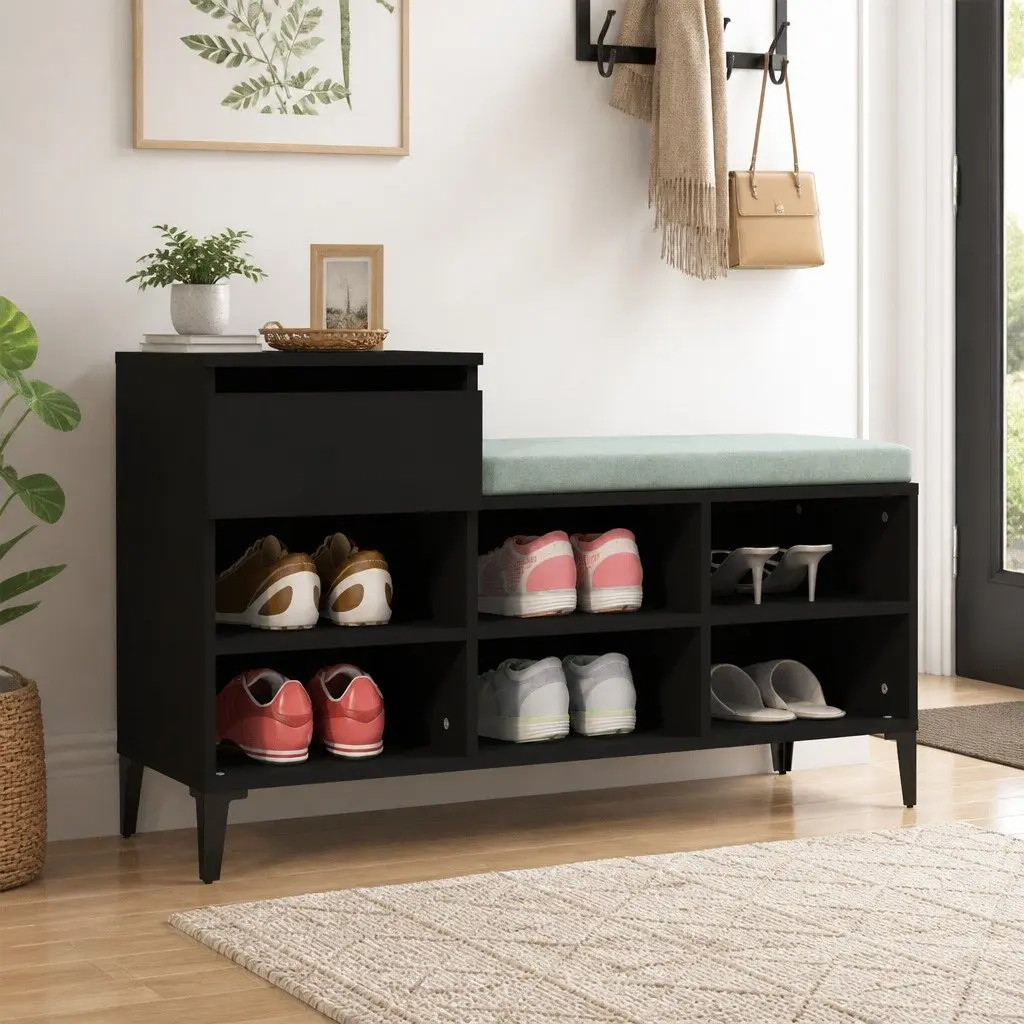 Shoe Cabinet Black Storage Organizer 6 Compartments 1 Drawer Metal Legs