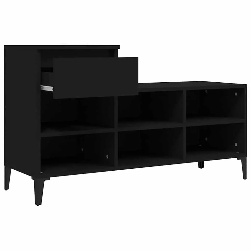 Shoe Cabinet Black Storage Organizer 6 Compartments 1 Drawer Metal Legs