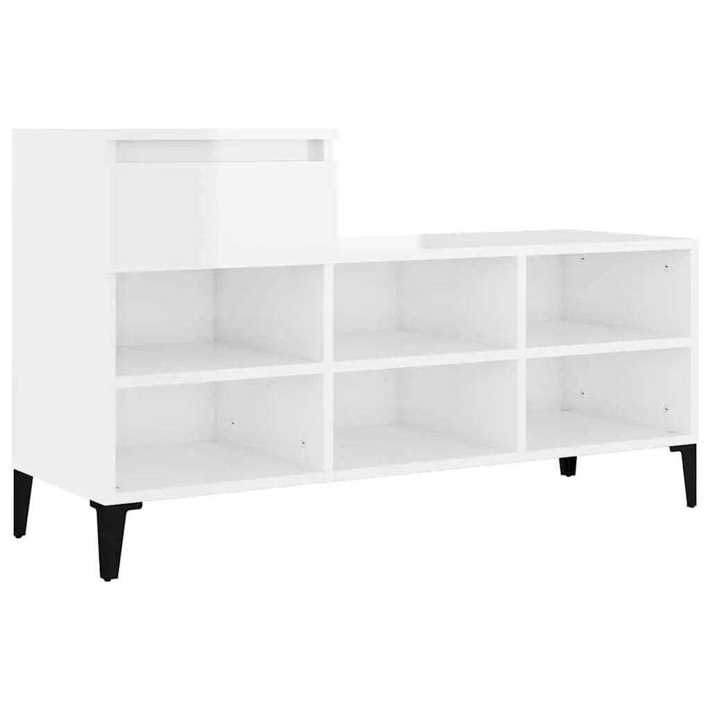 Shoe Storage Cabinet Engineered Wood White High Gloss 102cm x 36cm x 60cm with Metal Legs Drawer and 6 Compartments