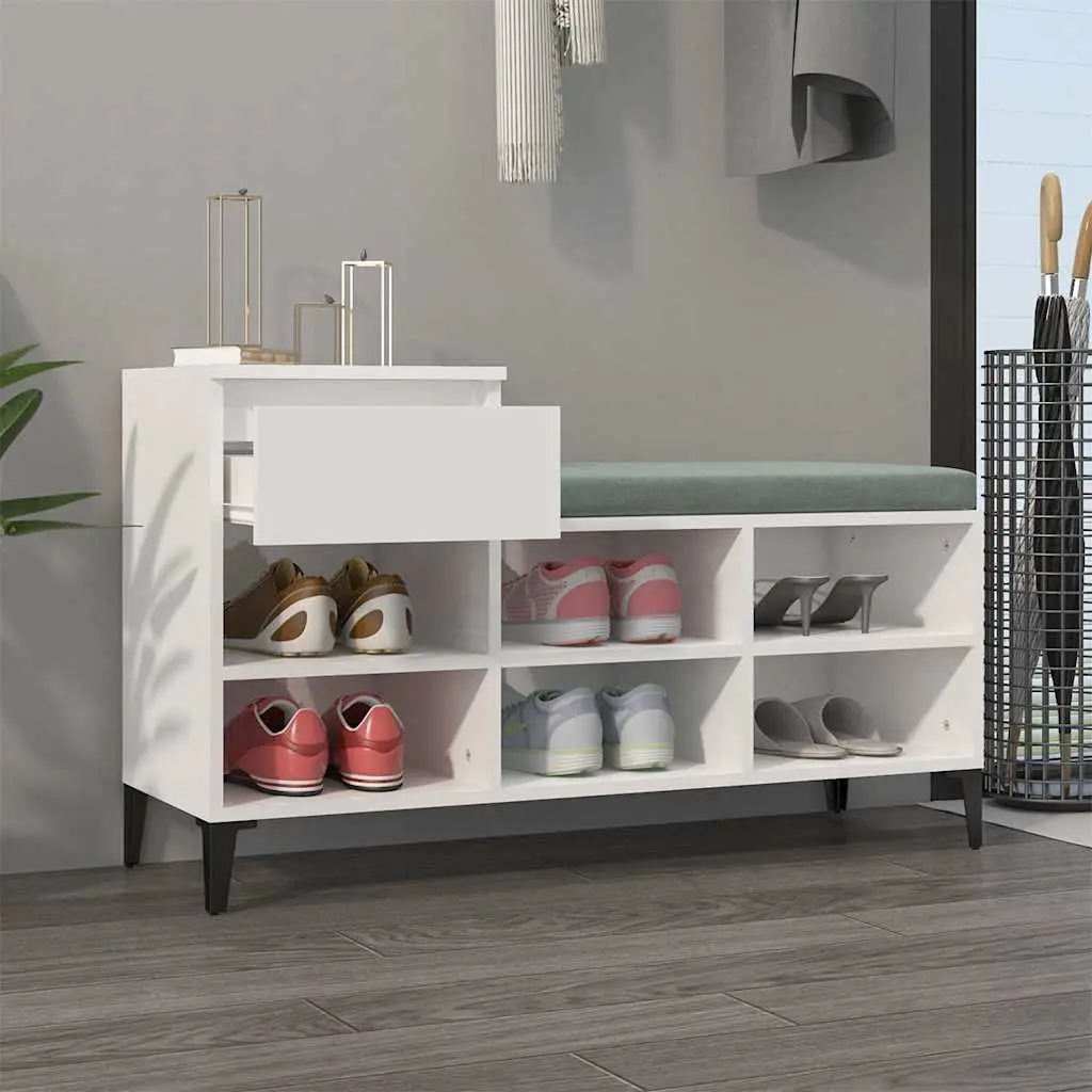 Shoe Storage Cabinet Engineered Wood White High Gloss 102cm x 36cm x 60cm with Metal Legs Drawer and 6 Compartments