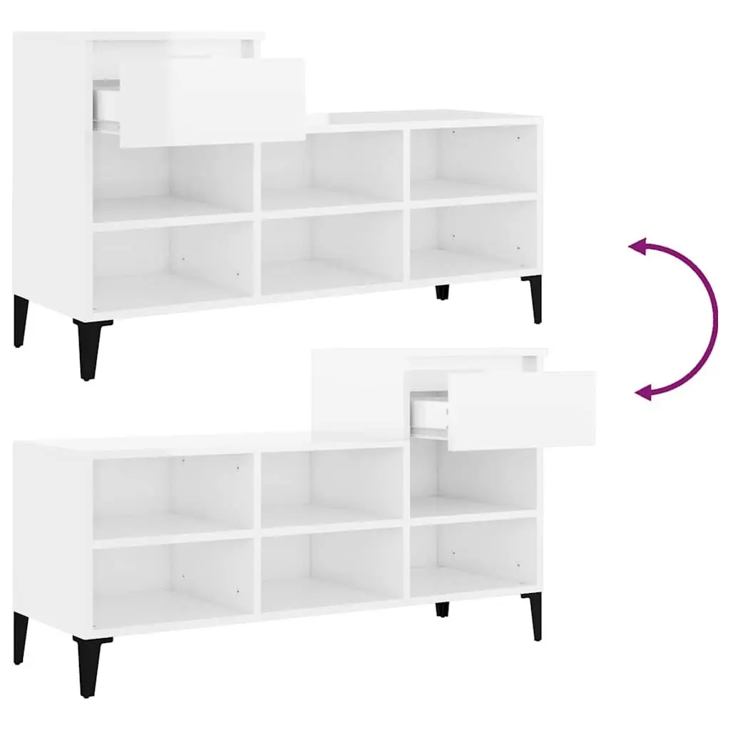 Shoe Storage Cabinet Engineered Wood White High Gloss 102cm x 36cm x 60cm with Metal Legs Drawer and 6 Compartments