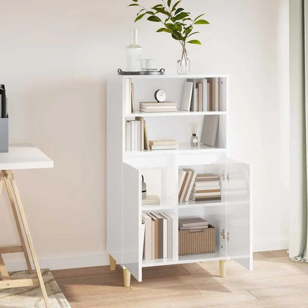 Highboard Sideboard Storage Cabinet Engineered Wood White High Gloss 60x36x110cm Buffet with Open Shelves and Compartments