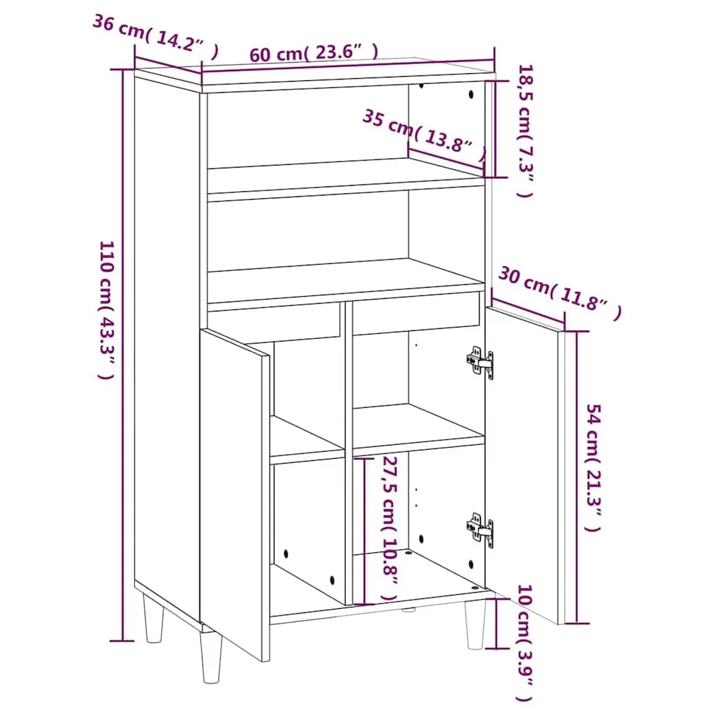 Highboard Sideboard Storage Cabinet Engineered Wood White High Gloss 60x36x110cm Buffet with Open Shelves and Compartments