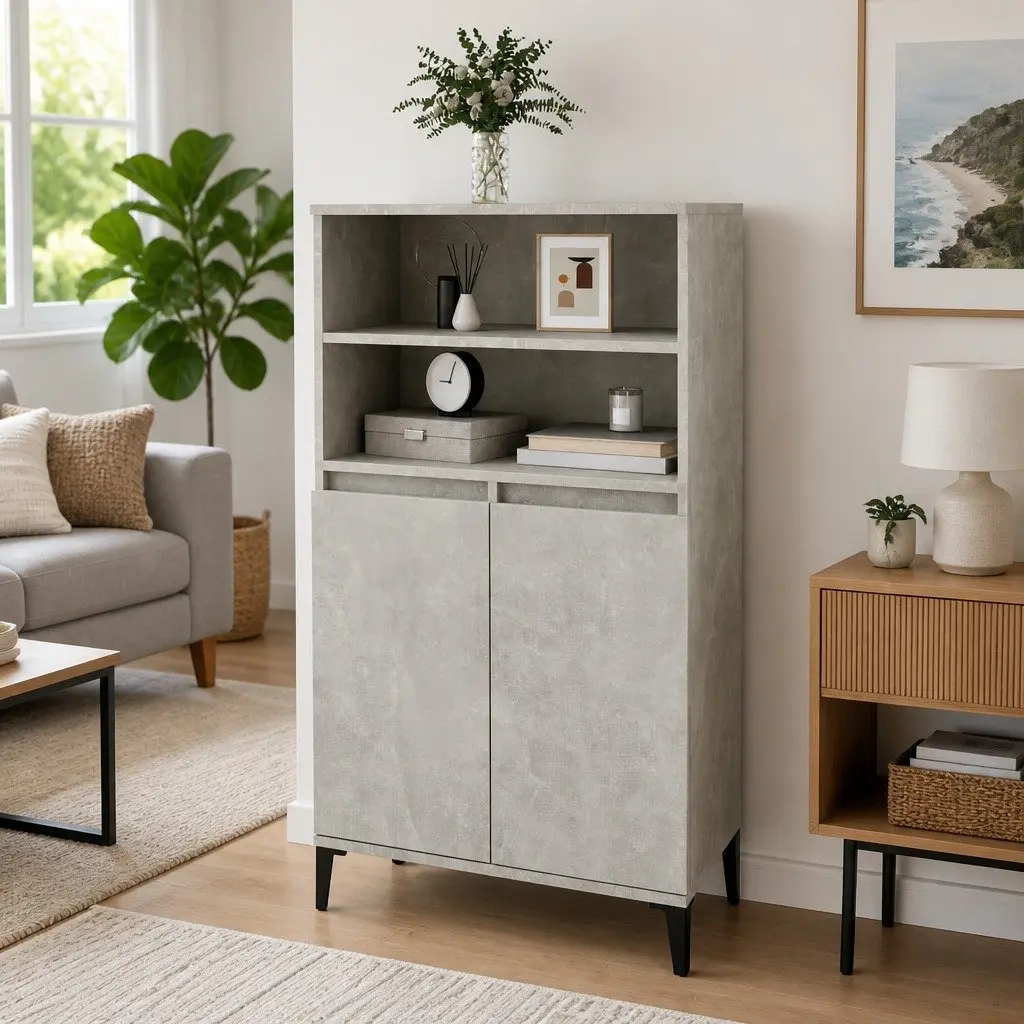 Highboard Storage Cabinet Engineered Wood Grey with Metal Feet 60W x 36D x 110H cm