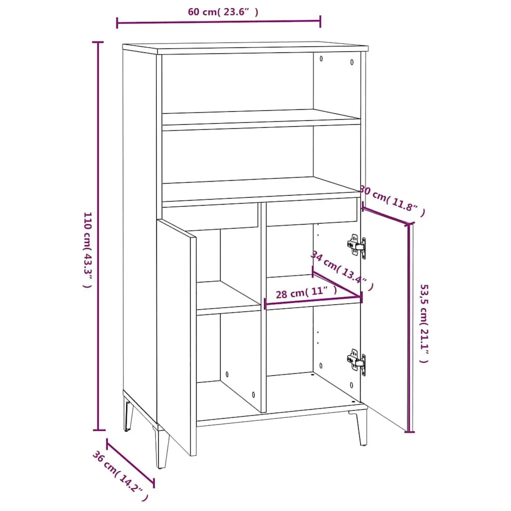 Highboard Storage Cabinet Engineered Wood Grey with Metal Feet 60W x 36D x 110H cm