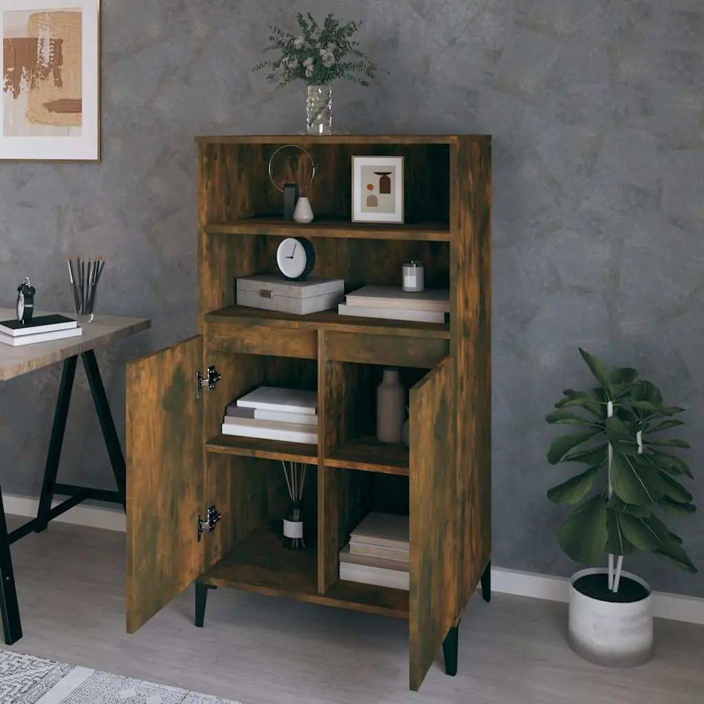 Highboard Sideboard Storage Cabinet Engineered Wood Brown with Metal Feet 60W x 36D x 110H cm